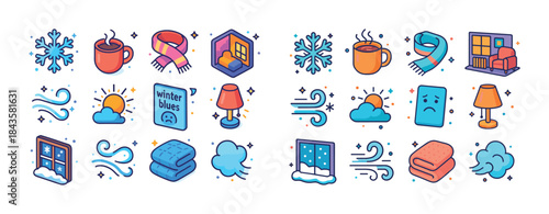 Winter icons collection: cozy scarves, hot cocoa, snowflakes, an