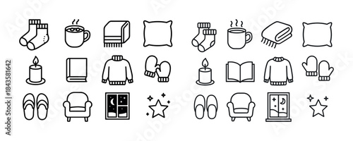 Cozy icons collection featuring winter clothing, hot beverages,