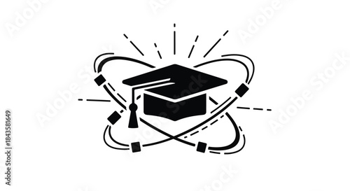 Graduation cap encircled by atomic orbits symbolizes scientific achievement and knowledge.