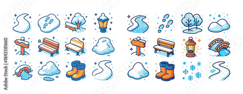Winter icons: snow, trees, benches, lanterns, and boots in charm