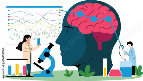 Neuroscience Research Vector Illustration with Scientists, Microscope, and Brain Connected to Data Charts, Symbolizing Scientific Discovery