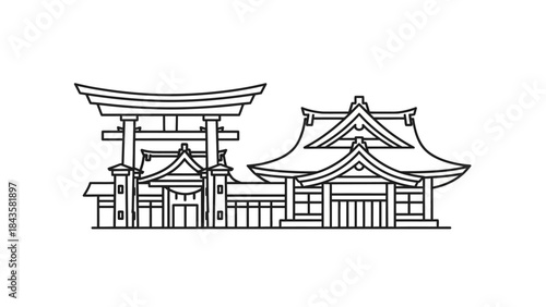 Traditional Japanese Shrine and Torii Gate Line Art Illustration.