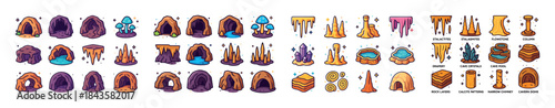 Collection of stylized cave and rock formations with stalactites