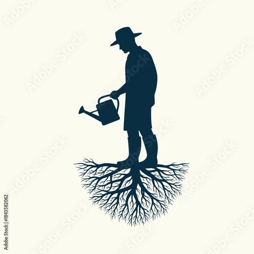 A gardener's silhouette stands on a complex root system, nurturing growth with a watering can