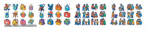 Colorful childcare and family icons: parenting, education, and p