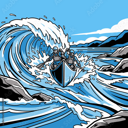 White water paddling adventure: two determined individuals navigate huge rapids in a canoe