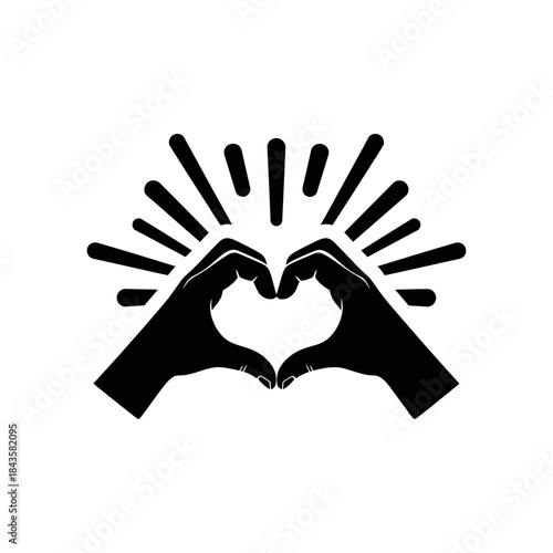 An iconic black and white illustration of hands forming a heart shape, representing love and positive energy