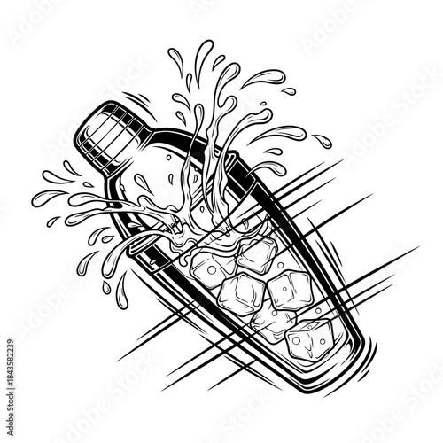 A dynamic black and white illustration of a cocktail shaker splashing liquid with ice cubes