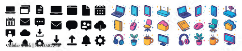 Minimalistic and colorful icon set featuring technology and offi