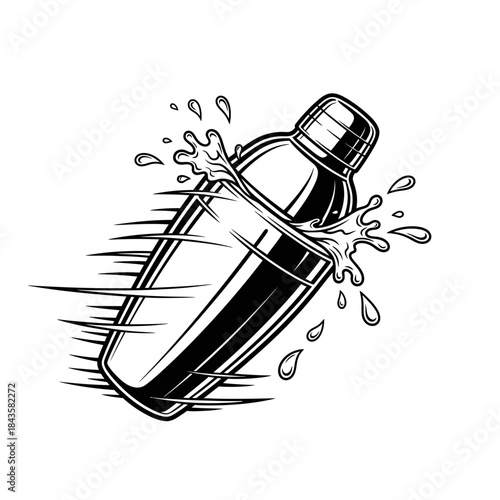 Dynamic black and white illustration of a cocktail shaker splashing liquid