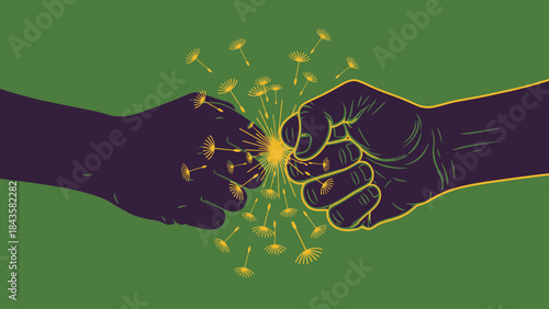 A close-up view of two fists connecting, causing dandelion seeds to scatter in a burst of energy