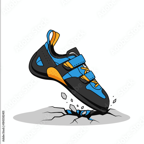 Illustration of a blue and black rock climbing shoe making a powerful impact on a cracked surface