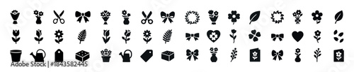 Collection of floral and gardening icons in black silhouette sty