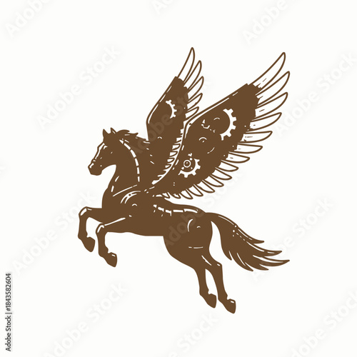A galloping brown steampunk pegasus with intricate mechanical gears on its wings