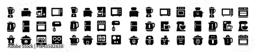 Black kitchen appliance icons set: mixers, ovens, blenders, kett