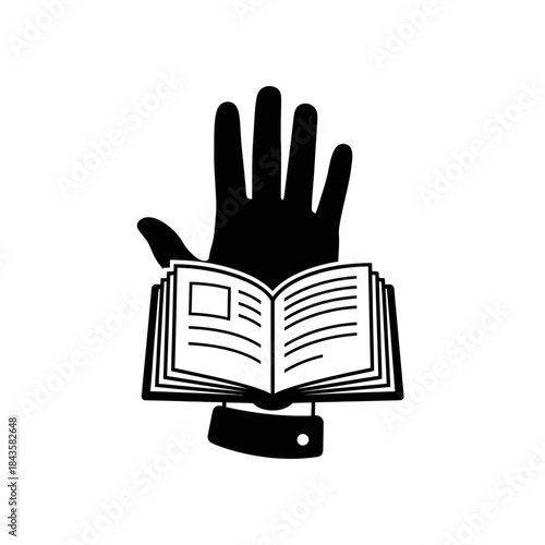 Hand holding open book icon representing knowledge and law