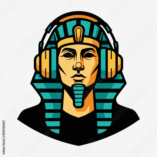A modern take on an ancient egyptian pharaoh wearing headphones