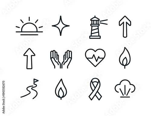 Symbolic Hope Icons. Hope. Line icon set of Hope: sunrise, guidi