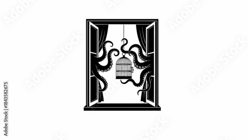 A mysterious octopus tentacles reaching for a birdcage through an open window