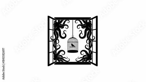 A surreal view through an open window featuring octopus tentacles and a caged bird
