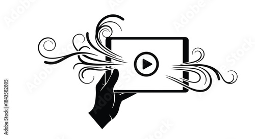 Hand holding tablet with play button and decorative flourishes, symbolizing entertainment and digital media.