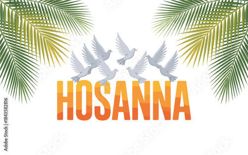 Vibrant hosanna logo with flying white doves and palm leaves on white