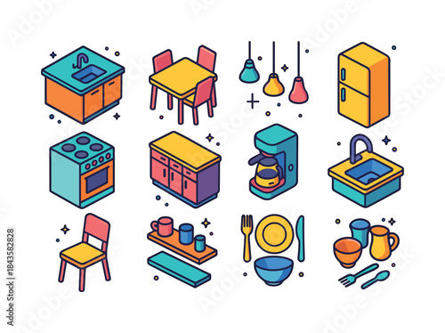 Colorful Kitchen Icons. Kitchens and Dining Room Designs. Colorf