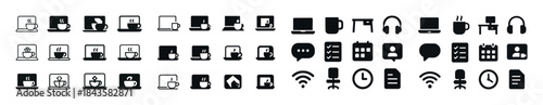 Black and white coffee and technology icons with multimedia elem