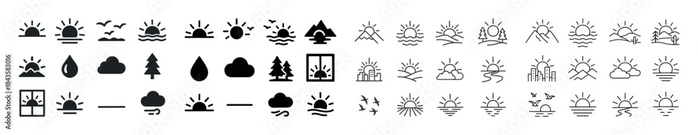Fototapeta premium Minimalist nature icons set: sun, trees, water, clouds, mountain
