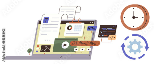 Laptop screen showing documents, media, charts, and code snippets with clock and settings gear alongside. Ideal for programming, content creation, productivity, workflow, time management automation