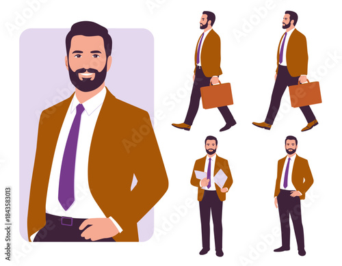 A stylish man dressed in professional attire showcases multiple poses, representing confidence and versatility in business environments and settings, reflecting modern professionalism.