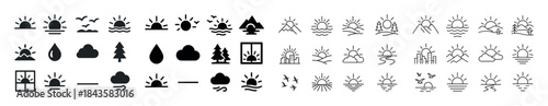 Minimalist nature icons set: sun, trees, water, clouds, mountain