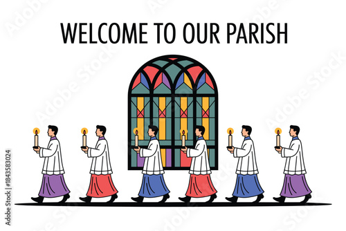 Illustration of church procession with clergy holding candles in front of stained glass window with welcome to our parish text