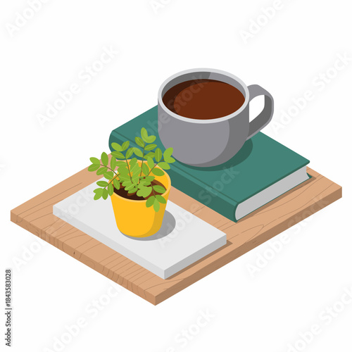 A relaxing scene featuring a stack of books, a warm cup of coffee, and a small green plant, representing comfort, knowledge, and tranquility in a modern lifestyle.