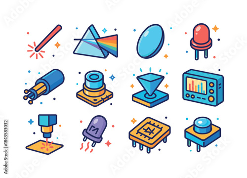Colorful Photonics Icons Grid. Photonics. Colorful isometric vec