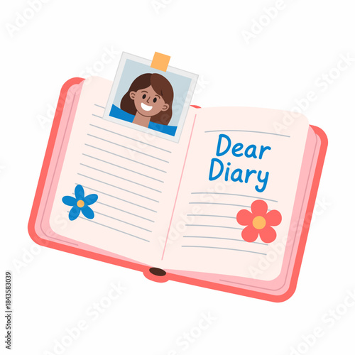 An open diary with a smiling photo of a girl and cute decorative elements symbolizes personal reflection, journaling, and the importance of self-expression and memories.