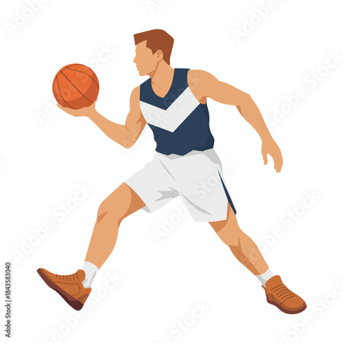 A dynamic figure of a male basketball player dribbling a ball, capturing the essence of sportsmanship, athleticism, and energy in a vibrant style designed for sports enthusiasts.