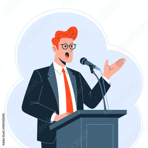 A dynamic image of a confident speaker in a suit passionately presenting at a podium, highlighting the importance of communication and public speaking skills.