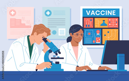 This image depicts two scientists focused on vaccine research, showcasing collaboration and innovation in a laboratory setting with a microscope and computer.