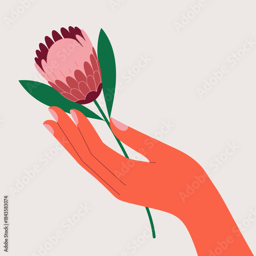 An artistic representation of a hand delicately holding a vibrant flower, symbolizing nature's beauty and the gentle connection between humans and the natural world.