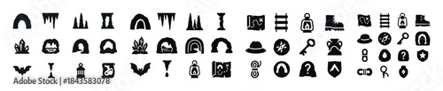 Cave exploration icons set: adventure tools and nature elements