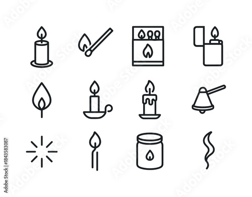 Candle Lighting Icons. Lighting a Candle. Line icon set of Light