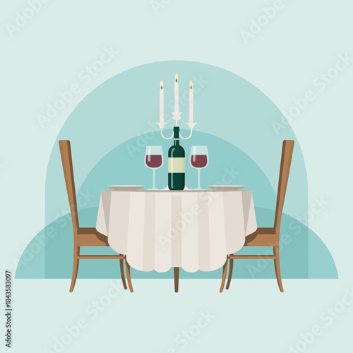 A beautifully arranged dinner setting with wine, glasses, and candles, perfect for romantic occasions, evoking warmth and intimacy.