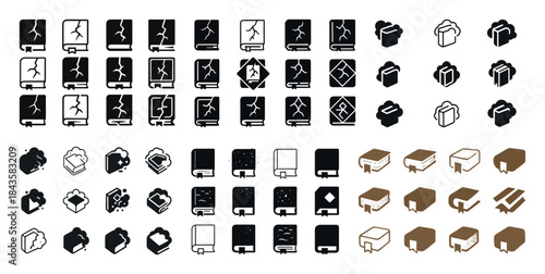 Dynamic geometric book and cloud icon set with variations in sty