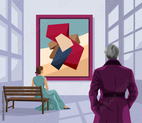 A thoughtful scene of a woman watching a modern abstract painting in a gallery, emphasizing the connection between art, emotion, and perception in contemporary spaces.