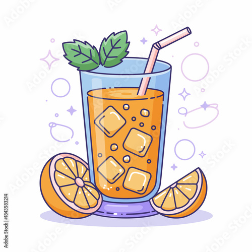 A vibrant glass of orange juice adorned with mint leaves and ice cubes, surrounded by fresh oranges, symbolizes refreshing moments and the joy of summertime beverages.