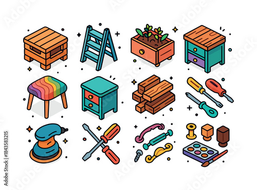 Repurposed Furniture Icons. Repurposed furniture. Colorful isome