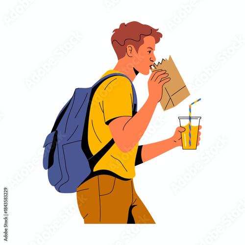 This vibrant image features a young man happily snacking while walking, showcasing a lively lifestyle filled with energy, enjoyment, and modern urban living.