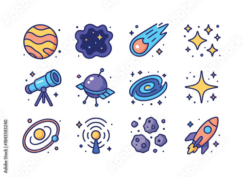 Colorful Space Icons. Deep space orbit. Colorful isometric vecto