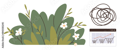 Lush green plants with flowers, a tangled line for confusion, and a graph showing cart growth. Ideal for growth, planning, e-commerce, nature, challenges analytics decision-making. A simple flat